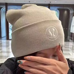 新款lulu针织帽女士百搭纯色刺绣毛线帽子防风保暖露露冷帽秋冬