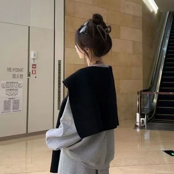 慵懒风韩系圆领长袖宽松卫衣叠穿披肩外搭秋冬季高腰阔腿裤三件套|undefined