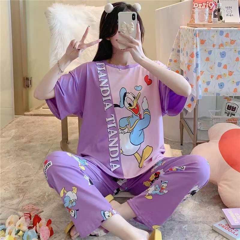 女性のためのパジャマ夏半袖韓国スタイル春と秋のかわいいズボン薄い 2025 ルーズホーム服セット大きいサイズ漫画