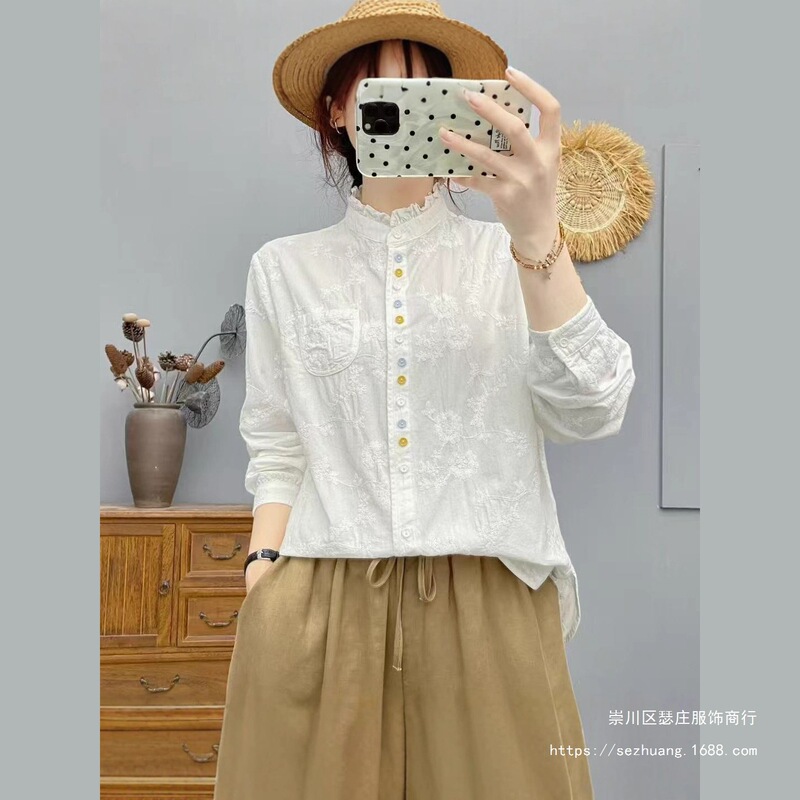 Lace-Trimmed Button-Up Shirt, Autumn Style, Long-Sleeved Cotton Cardigan, Loose Casual Top, Korean Style 2026 New Model Shirt