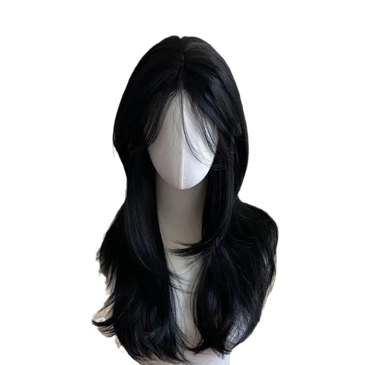 Connie Peluca de cabeza completa para mujer con mechones de pelo realistas, estilo redecilla rosa, flequillo francés en la parte media, peluca sintética de capas altas
