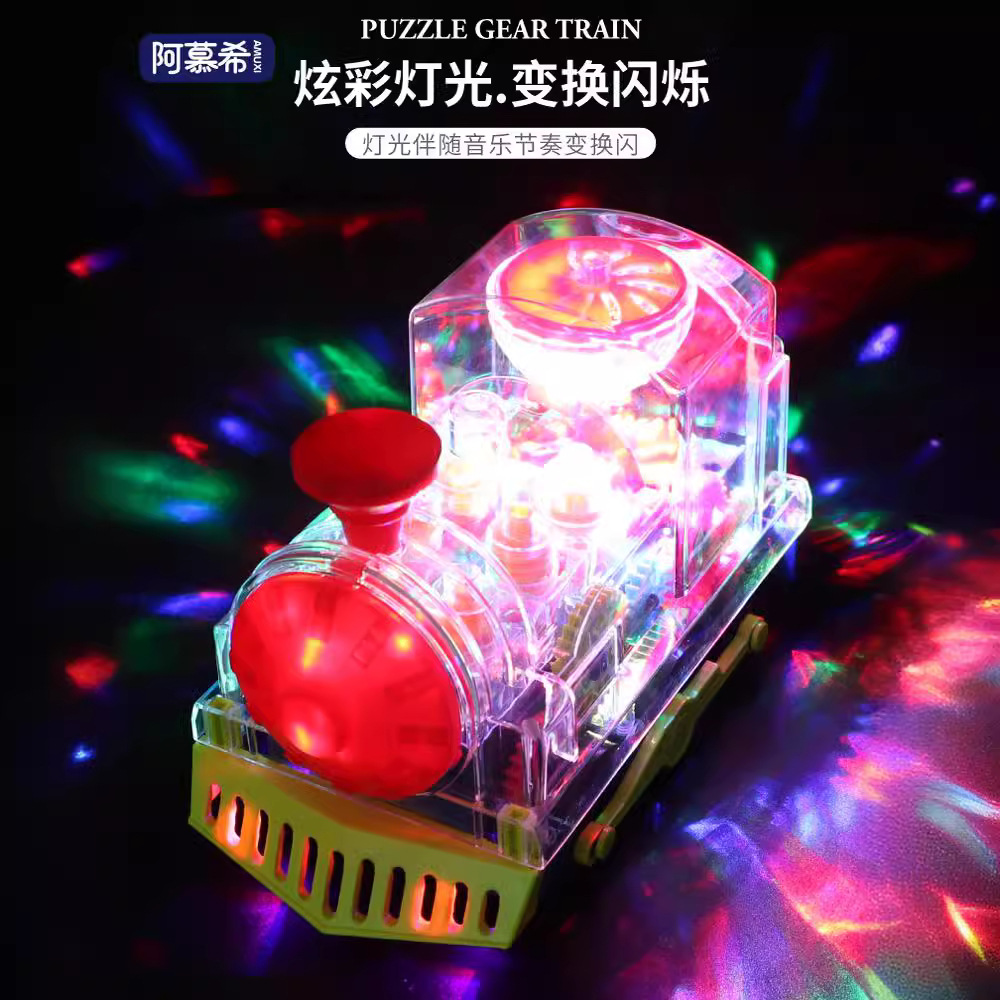 Tiktok mismo transparente educativo tren de engranajes música ligera Universal para caminar coche juguete eléctrico los niños puesto