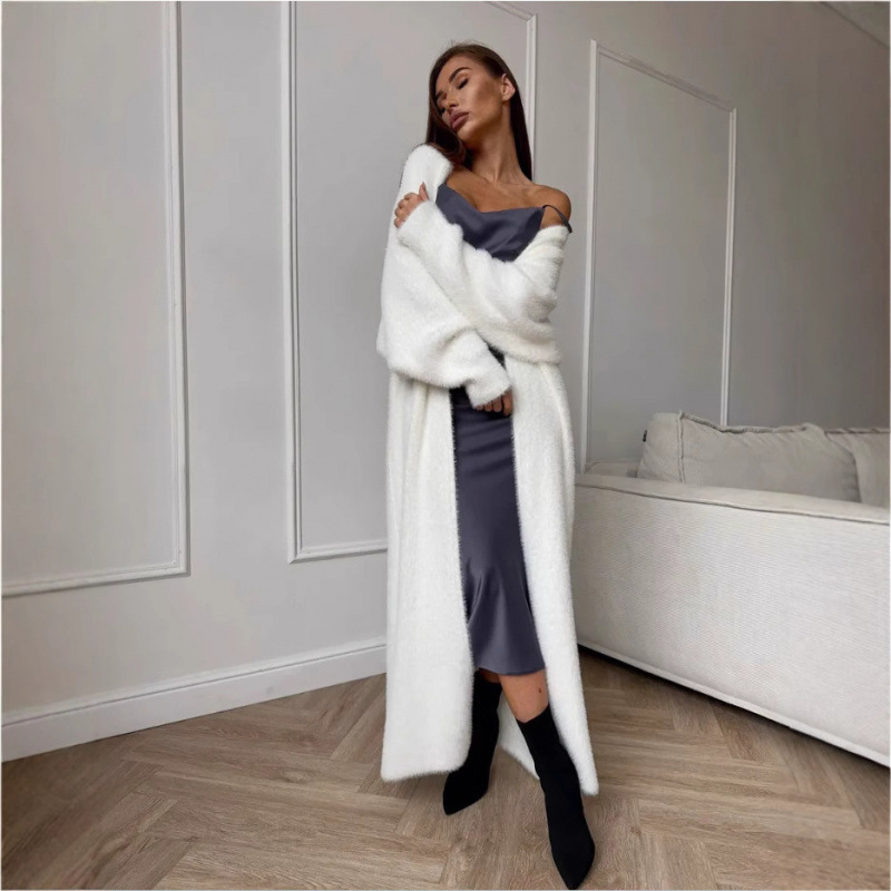 Cross-Border Imitation Mink White Knitwear Cardigan Outwear Women's Autumn and Winter Loose Plush Fluffy Long Cardigan