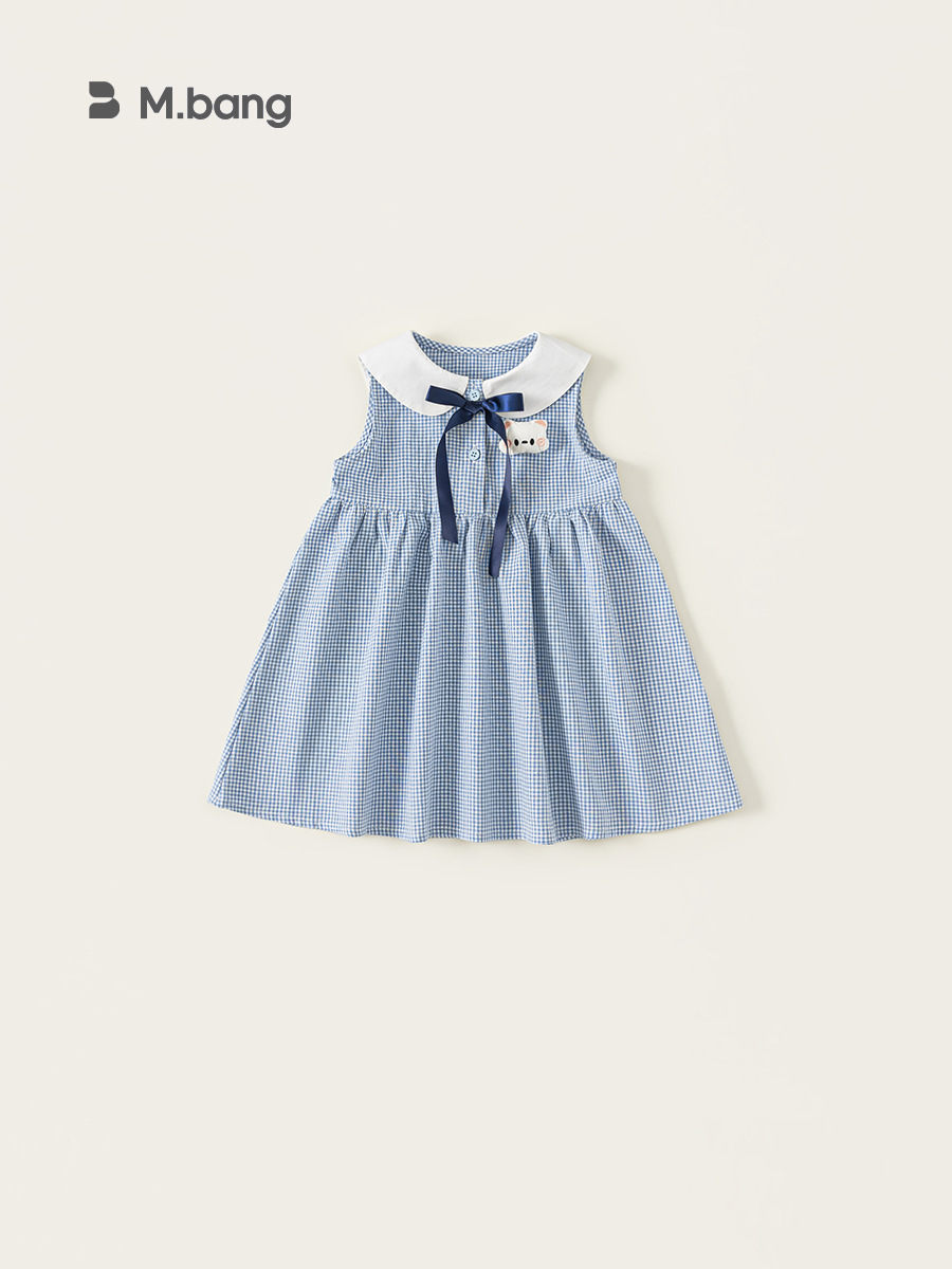 Youbao ropa para niños verano nuevo estilo niña dulce falda de línea A con cuello de muñeca falda sin mangas vestido a cuadros con lazo