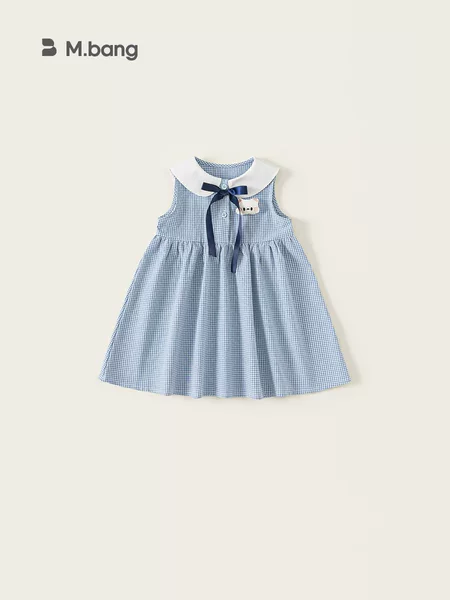 Yibao Children's Clothing Summer New Girl Sweet A-Line Skirt Doll Collar Sleeveless Skirt Bow Plaid Dress