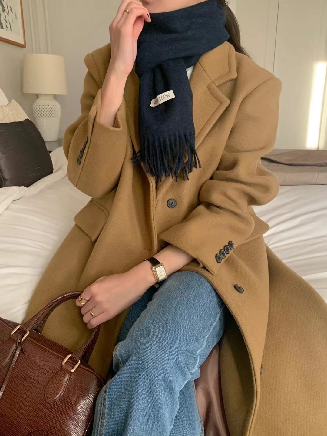 Dongdaemun ins new winter fashion French-style elegant suit collar loose versatile over-the-knee long woolen coat