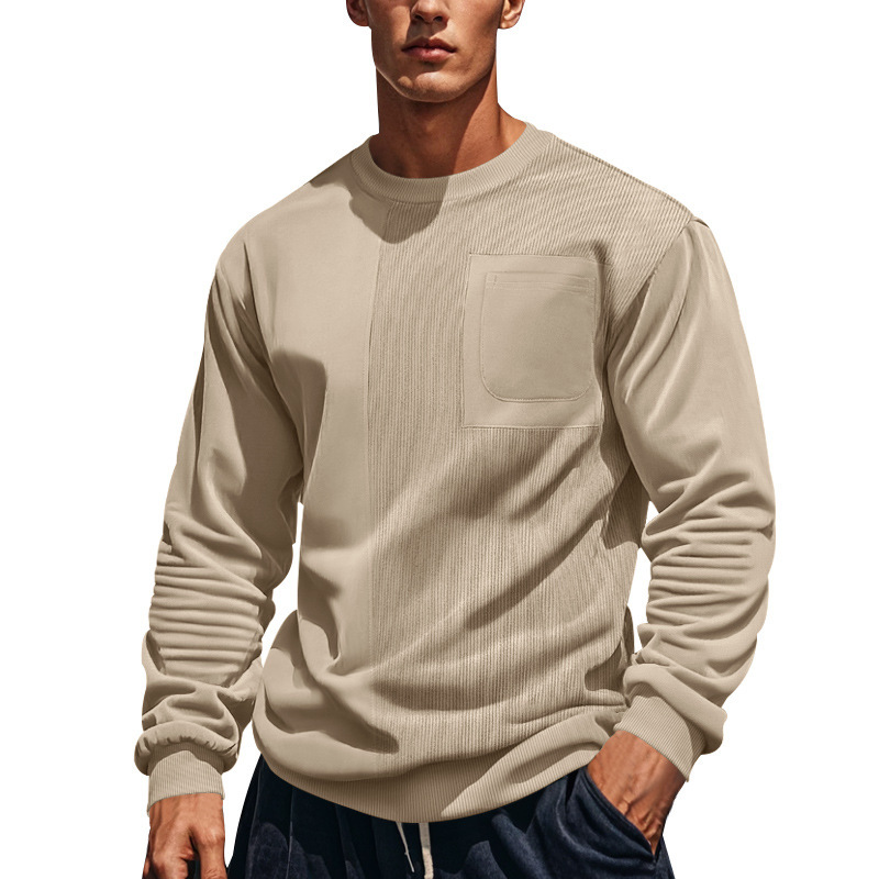 European And Independent Station Autunno Inverno New American High Street Amekaji Corduroy Patchwork Crew Neck Uomo_voghion.com