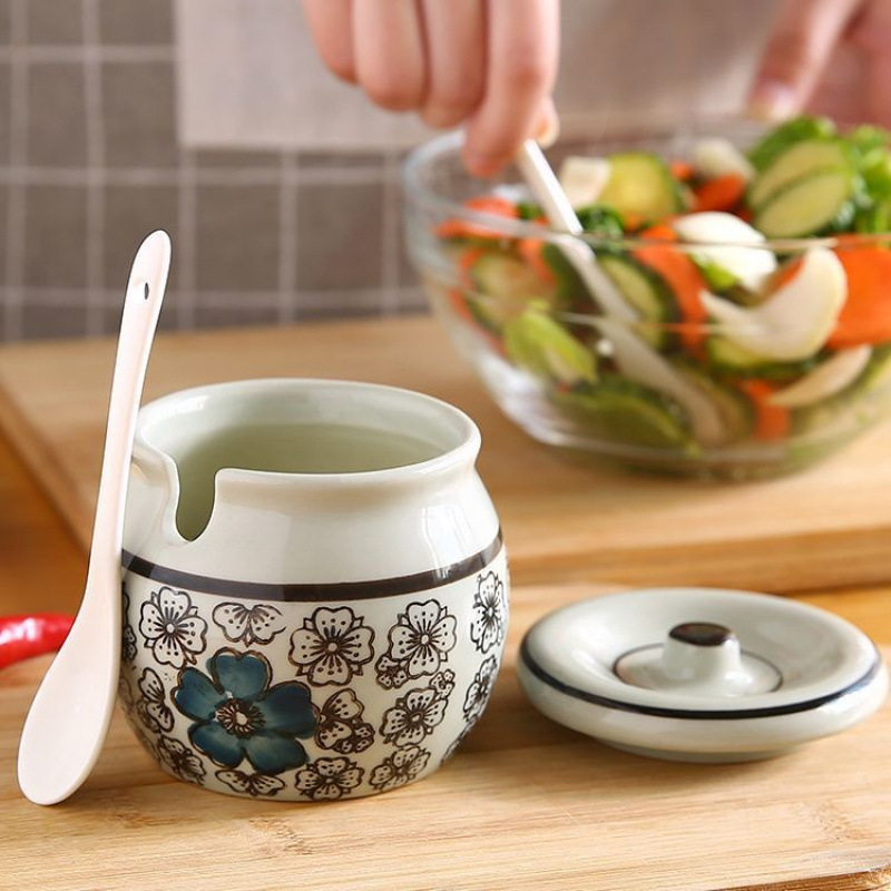 塩缶キッチン豚油缶唐辛子油缶家庭用耐高温陶磁器蓋付き缶食品級専用辛い子|undefined