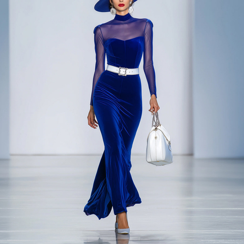 Independent Station Cross-Border 2025 Autumn and Winter New European and American Long-Sleeved Women's Elegant Splicing Dress Long Skirt Slim Dress