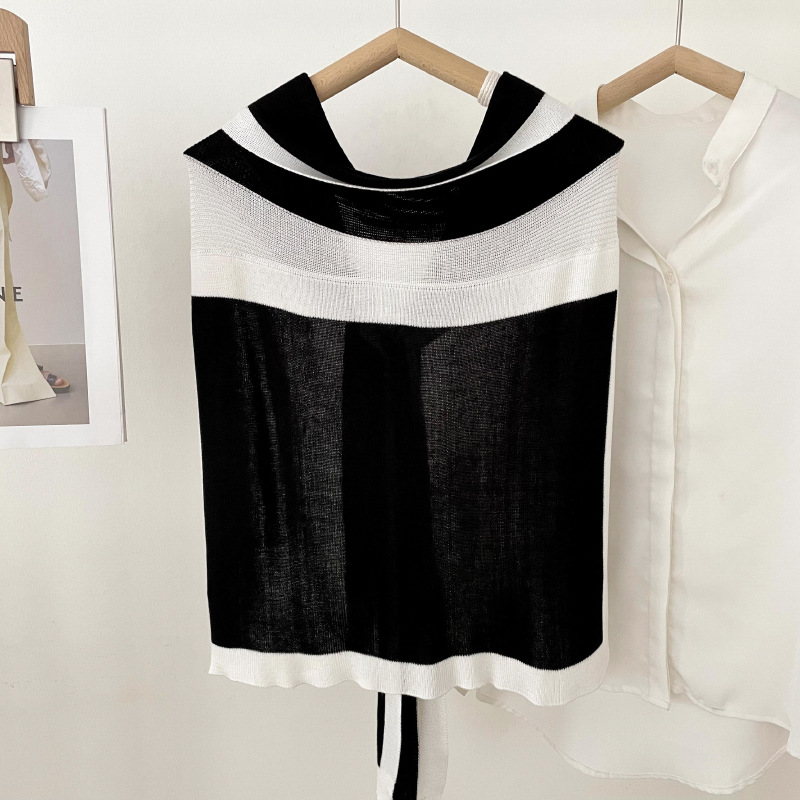 Mantón de protección solar de punto para mujer primavera y verano habitación con aire acondicionado moda Navy estilo costura contraste color desgaste exterior pequeño chal collar falso