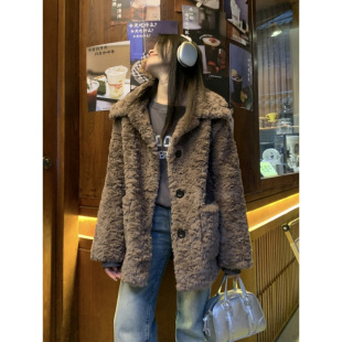 Lamb wool plush coat women's 2024 Korean style loose thick warm coat winter Maillard fur coat