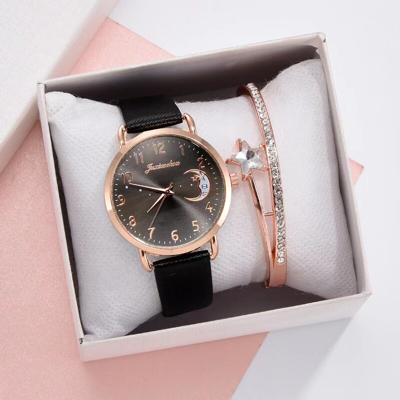 Foreign trade new women's personalized bracelet combination suit moon pattern digital dial 2PCs fashion quartz women's watch Foreign trade new women's personalized bracelet combination suit moon pattern digital dial 2PCs fashion quartz women's watch