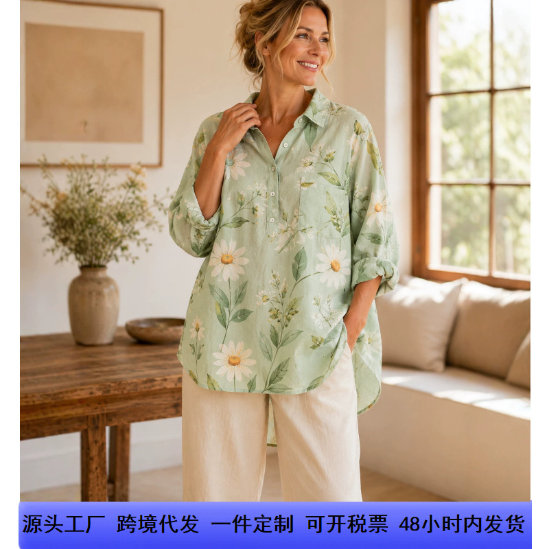 Cross-Border Temu Floral Print Long-Sleeve Shirt, Half-Open Multi-Button Turn-Down Collar Shirt Y2 In-Stock Dropshipping Summer Thin Style Cross-Border Temu Floral Print Long-Sleeve Shirt, Half-Open Multi-Button Turn-Down Collar Shirt Y2 In-Stock Dropshipping Summer Thin Style
