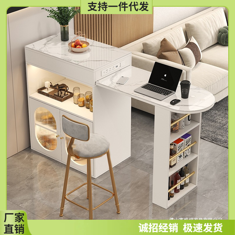 Home Small Apartment Retractable Rotating High Table Internet Celebrity Living Room Bar Table with Plug-In Strip Light Luxury Sideboard Leisure