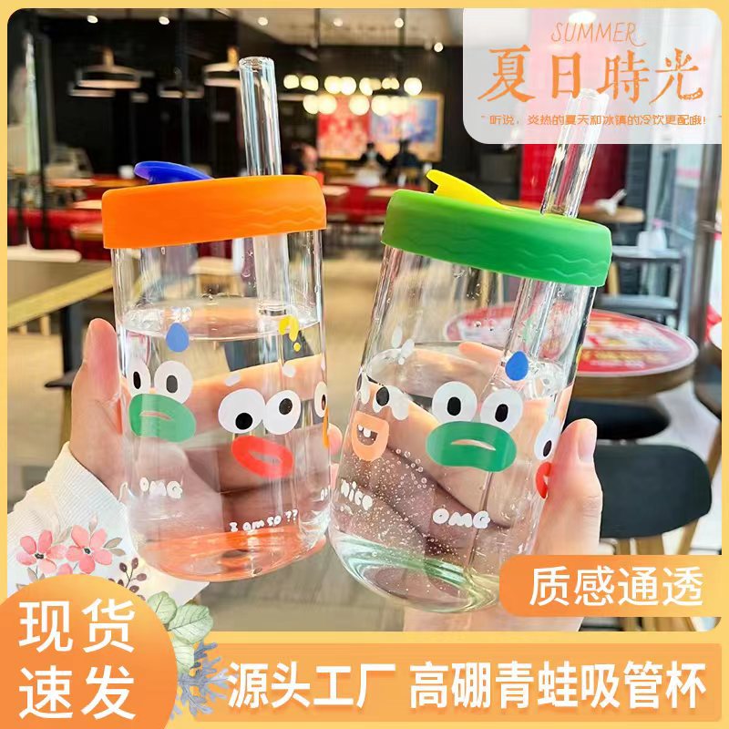 High-quality, attractive, and fun-themed expression doodle glass cups, straws, office, milk, coffee cups, large-capacity drinking cups