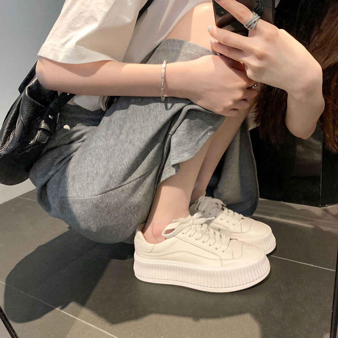 Casual Sports Style Biscuit Shoes Round-toe Thick-soled Height-increasing Cowhide Casual White Shoes Women's Board Shoes Single-layer Shoes Spring and Summer