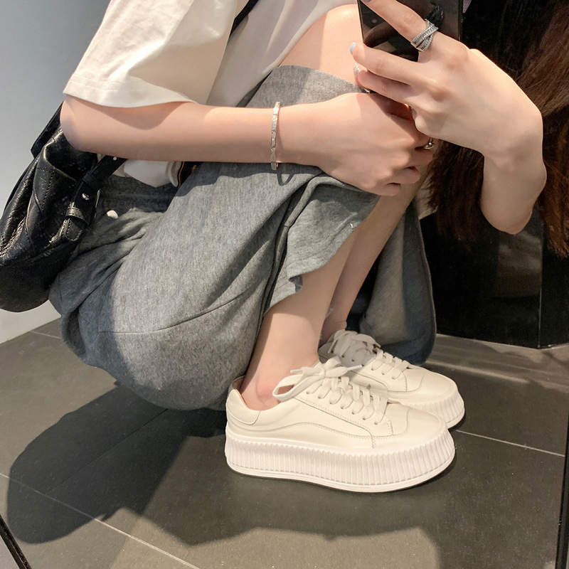 Casual Sports Style Biscuit Shoes Round-toe Thick-soled Height-increasing Cowhide Casual White Shoes Women's Board Shoes Single-layer Shoes Spring and Summer