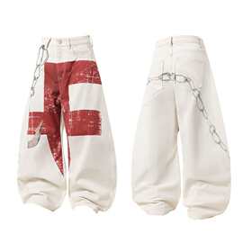 美式高街白色牛仔裤 3D链条印花弯刀嘻哈男女宽松街头风长裤