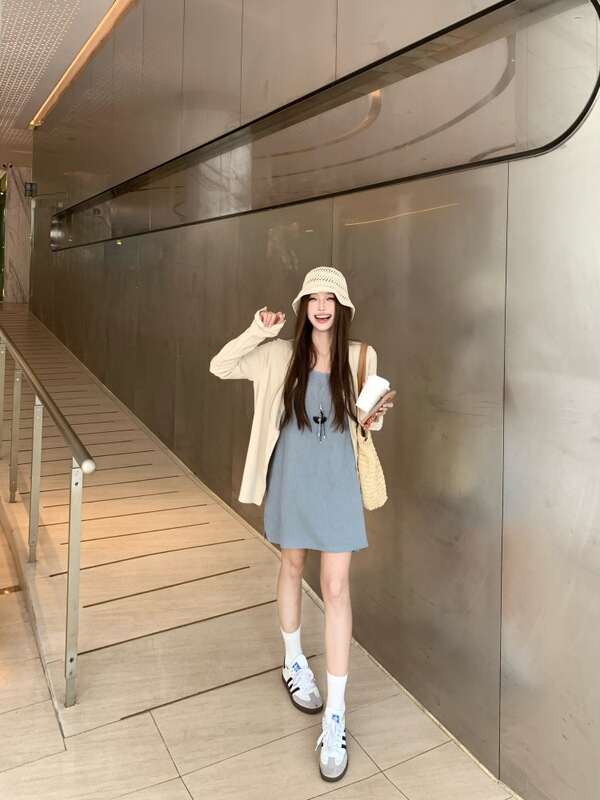 韩系松驰感宽松长袖开衫小个子背心连衣裙女2025秋季新款时尚套装|undefined