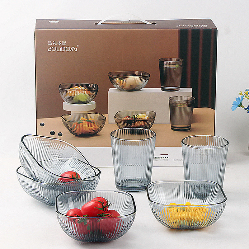 Nordic Grey Vertical Pattern Glass Bowl Salad Bowl Set Household Fruit Bowl Cool Water Cup Six-piece Set Opening Event Gift Nordic Grey Vertical Pattern Glass Bowl Salad Bowl Set Household Fruit Bowl Cool Water Cup Six-piece Set Opening Event Gift