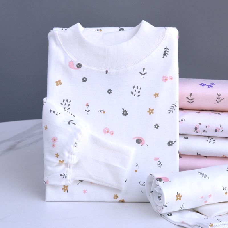 Women's Thermal Underwear Set with Fresh Print, Cotton Base Layer, Cotton Thermal Tops and Pants for Middle-Aged and Elderly, All-Cotton Autumn Wear