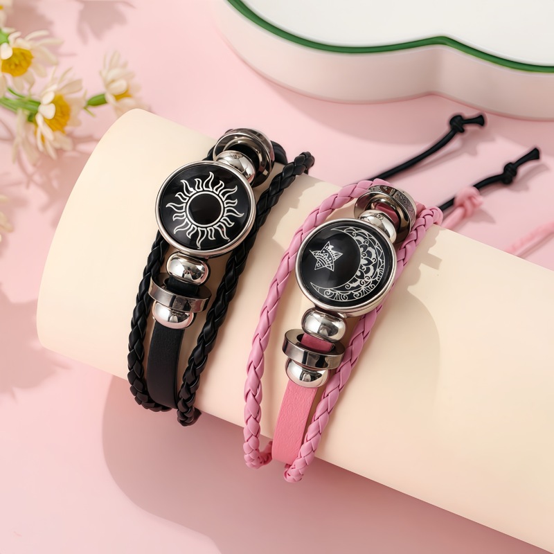 Cross-Border Amazon Sun and Moon Lovers Time Gemstone Bracelet Couple's Handmade Multi-Layer Woven Leather Chain with Festive Elements