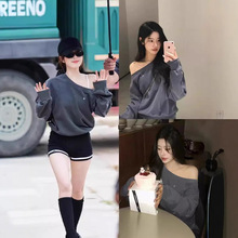 厂家现货韩国小众潮牌赵露思许妍同款美式不对称斜肩露肩早秋卫衣
