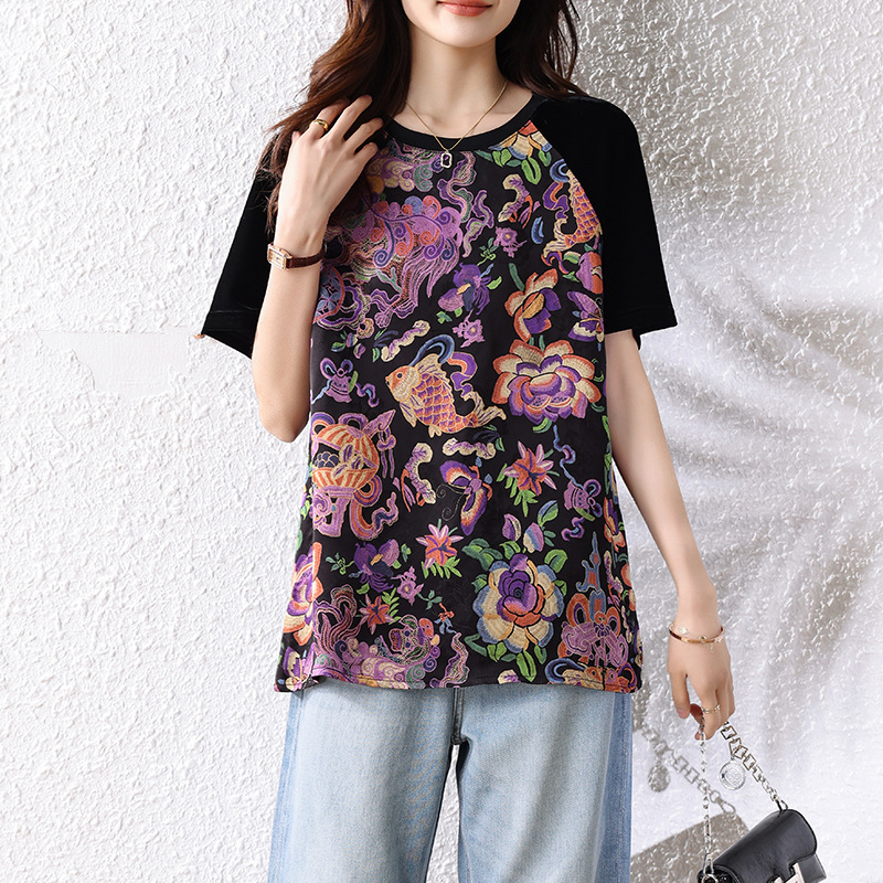 2025 夏の新大きいサイズの女性のファッショナブルなルーズスリミング中国風ステッチコントラストプリント Tシャツトップ|undefined