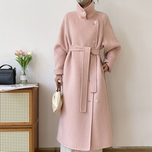 韩版气质粉色斜扣加厚双面羊绒大衣女中长款宽松羊毛呢外套2023