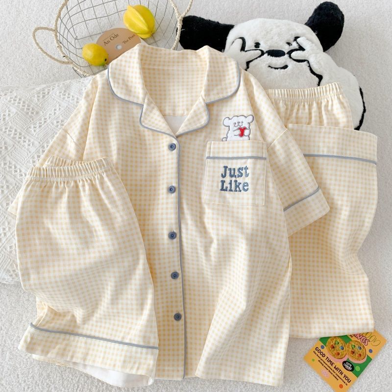 J5D Pure Cotton Cute Cardigan Pajamas for Women Summer Short-Sleeved Shorts and Pants Three-In-One Can Be Worn Outside Three-Piece Suit Home J5D Pure Cotton Cute Cardigan Pajamas for Women Summer Short-Sleeved Shorts and Pants Three-In-One Can Be Worn Outside Three-Piece Suit Home