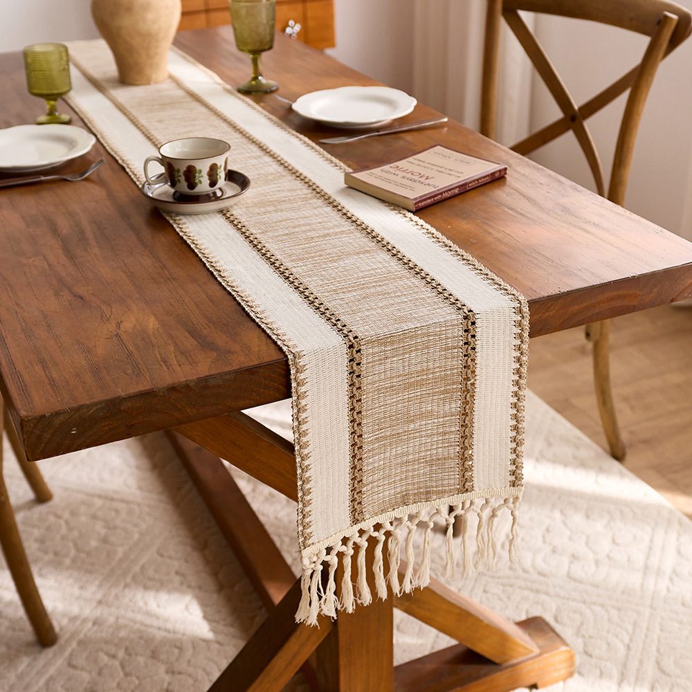 Banderas de mesa anchas de color café transfronterizo, algodón y lino a juego, borlas huecas anudadas, decoración de mesa, mesa de comedor, mesa de centro, armario de zapatos, mantel image 4