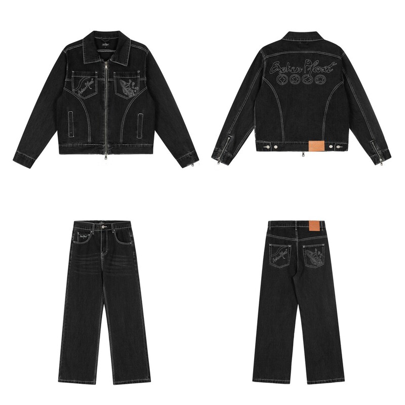 Broken Planet Embroidered Logo High Street Trendyy Casual Denim Jacket Jacket Straight Jeans Suit