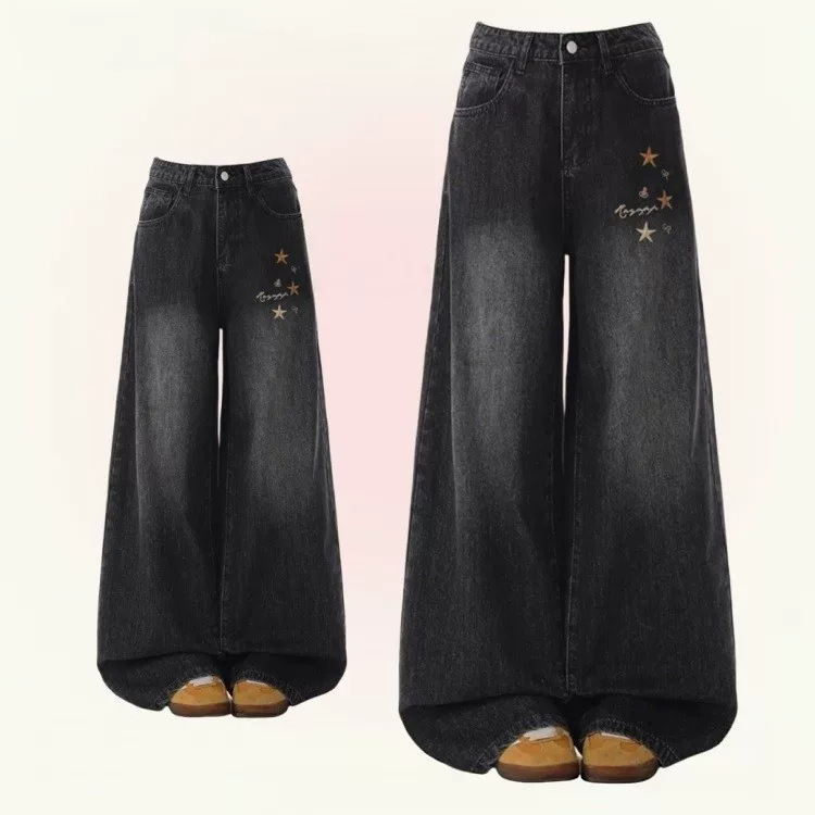 Retro black and gray wide-leg jeans for women, 2026 autumn new collection, high-waisted, slimming design, floor-length, trendy