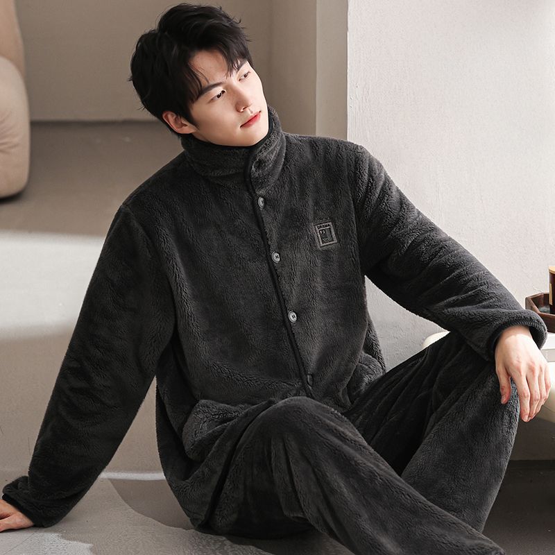 Thickened Pajamas for Men in Winter Can Be Worn Outside the Suit Coral Velvet Home Clothes Cardigan Zipper Large Size Long-Sleeved Warm Winter Clothes