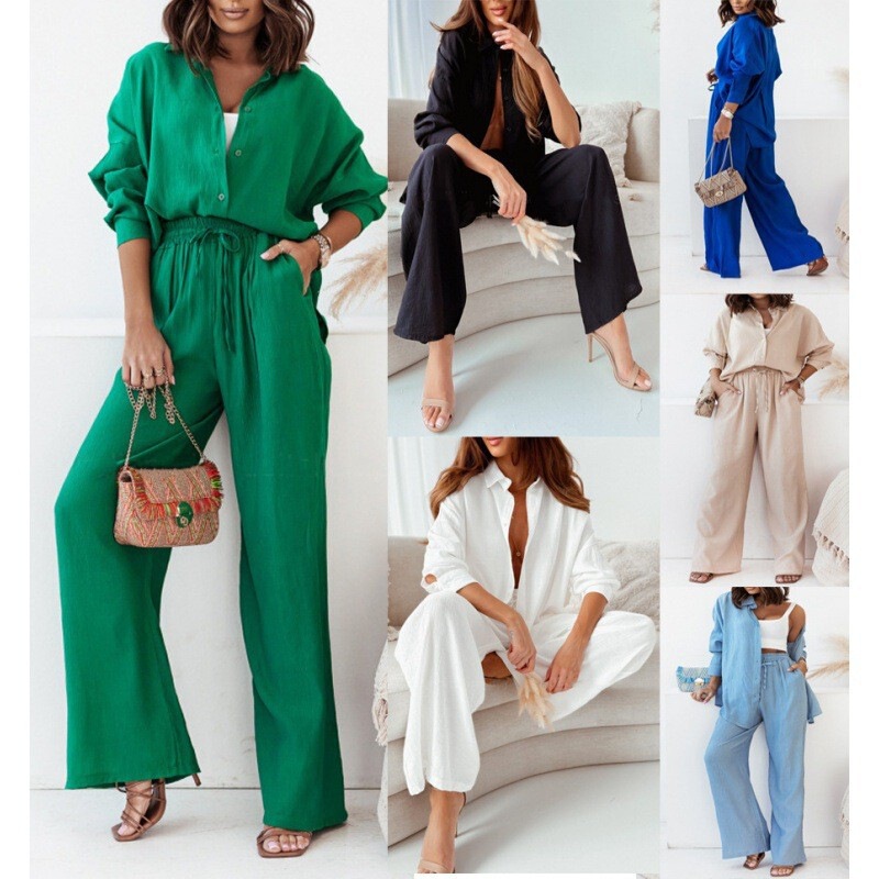 2025 Fashion European and American Autumn and Winter New Loose Elastic Wrinkled Long-Sleeved Shirt Wide-Leg Pants Casual Suit Women's 2-Piece Set