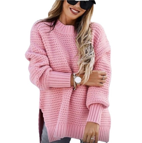 Women's Loose Plain Color Crewneck Knit Sweater with Side Slits, New Autumn/Winter 2026