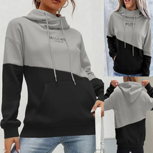 亚马逊独立站跨境外贸拼色连帽卫衣宽松休闲口袋长袖抽绳上衣女装