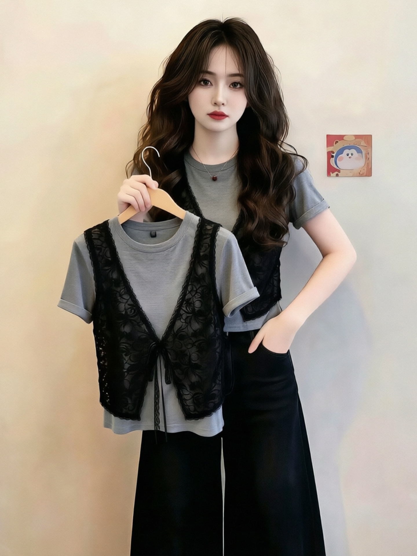 Áo thun nữ cổ tròn tay ngắn ren giả hai lớp phối ren eo — màu xám chi tiết 2