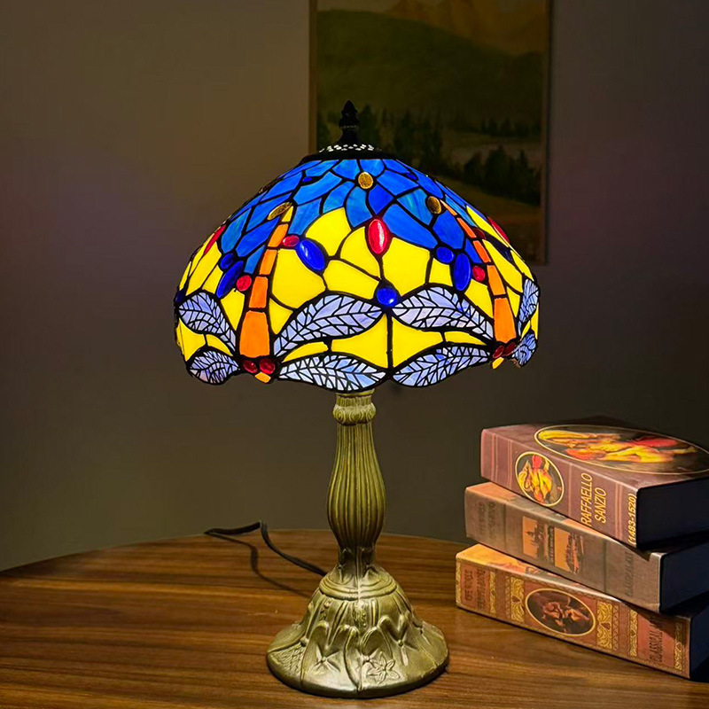 Jinglong Tiffany Table Lamp European Retro Mediterranean Style Handmade Special Stained Glass Study Bedside Lamp