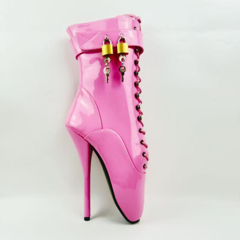 European and American Large Size 18cm High Heel Pink Patent Leather Ballet Boots