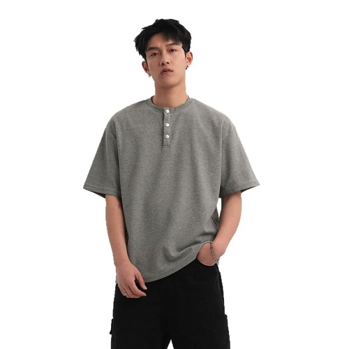 Summer Men's T-Shirt 250g Trendy Brand Fashion Loose Henley Collar Casual Short-Sleeve T-Shirt for Men