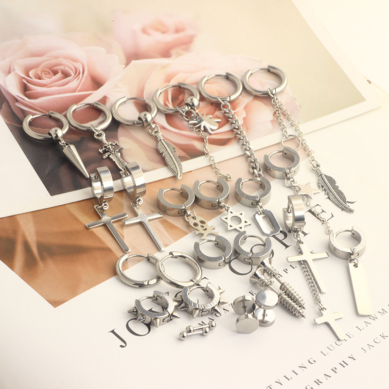 Stainless Steel Cross Hip Hop Earrings Set for Men - 26 Piece Fashion Earring Wholesale detail image 10