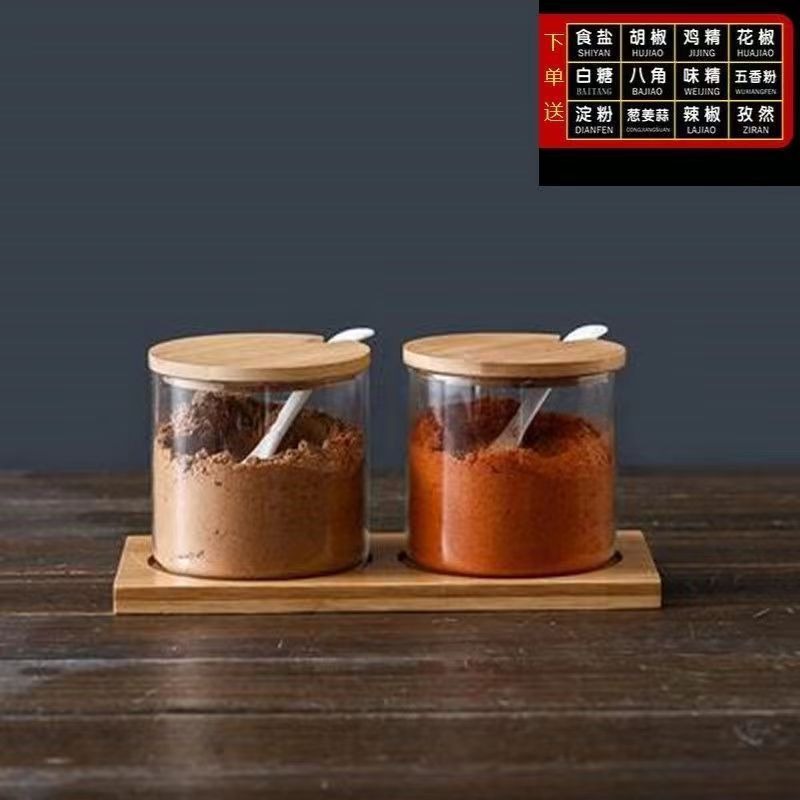 alta borosilicona vidrio condimento lata cubierta de madera de bambú con cuchara condimento lata cocina doméstica almacenamiento condimento lata spot