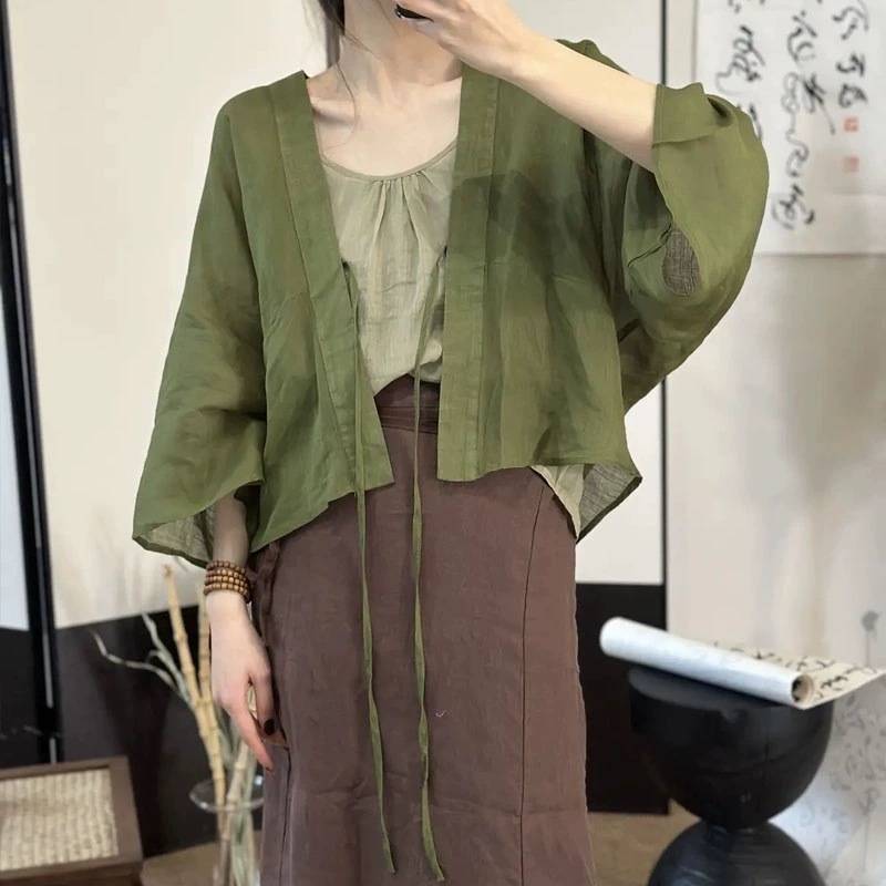 Summer High-End Cotton and Linen Ultra-Thin Cardigan Jacket with Tie, Solid Color Original Lightweight Shawl Air-Conditioning Shirt for Women, Sun Protection Shirt Summer High-End Cotton and Linen Ultra-Thin Cardigan Jacket with Tie, Solid Color Original Lightweight Shawl Air-Conditioning Shirt for Women, Sun Protection Shirt