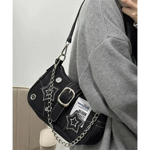 y2k New Stars Denim Armpit Bag Retro Patchwork Fashion Large Capacity Chain Shoulder Bag Women 