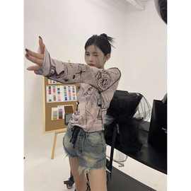 设计感小众辣妹长袖内搭t恤女粉色美式复古别致打底衫上衣