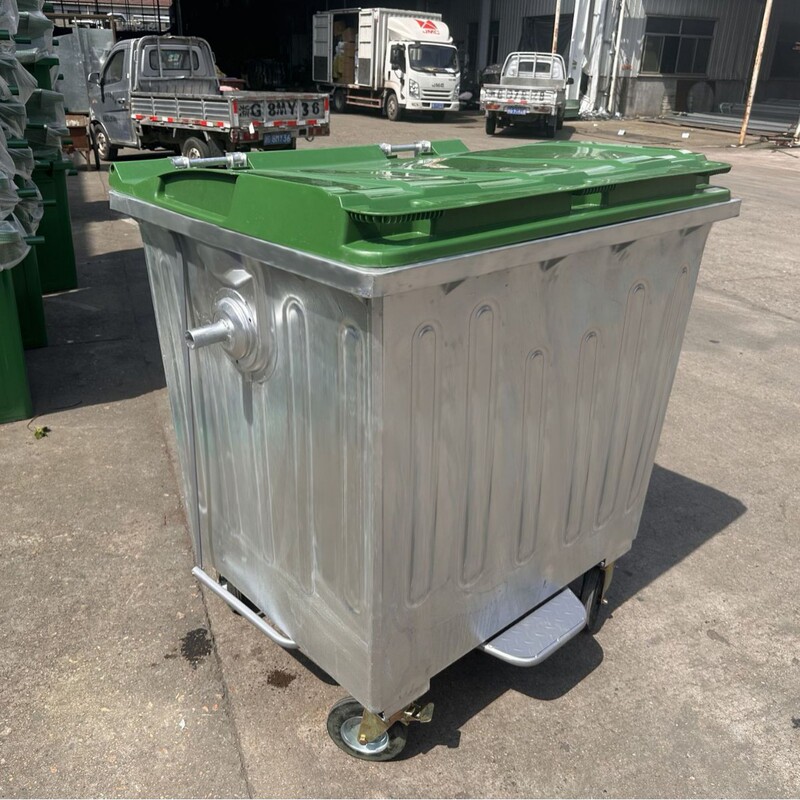 1100L Hot-Dip Galvanized Outdoor Metal Trash Can Rust-Proof Fireproof Four-Wheel Pedal Plastic Cover Galvanized Sheet Trash Bin