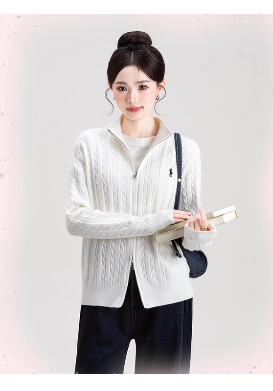 三股包芯纱美式小立领双拉链开衫毛衣女打底设计感刺绣上衣针织外|undefined