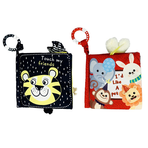 New red and black scenario baby cloth book, baby cartoon animals, five-page cloth book with BB device