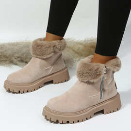雪地靴女潮流22冬新款低筒加绒加厚保暖棉鞋皮毛一体外贸大码女靴
